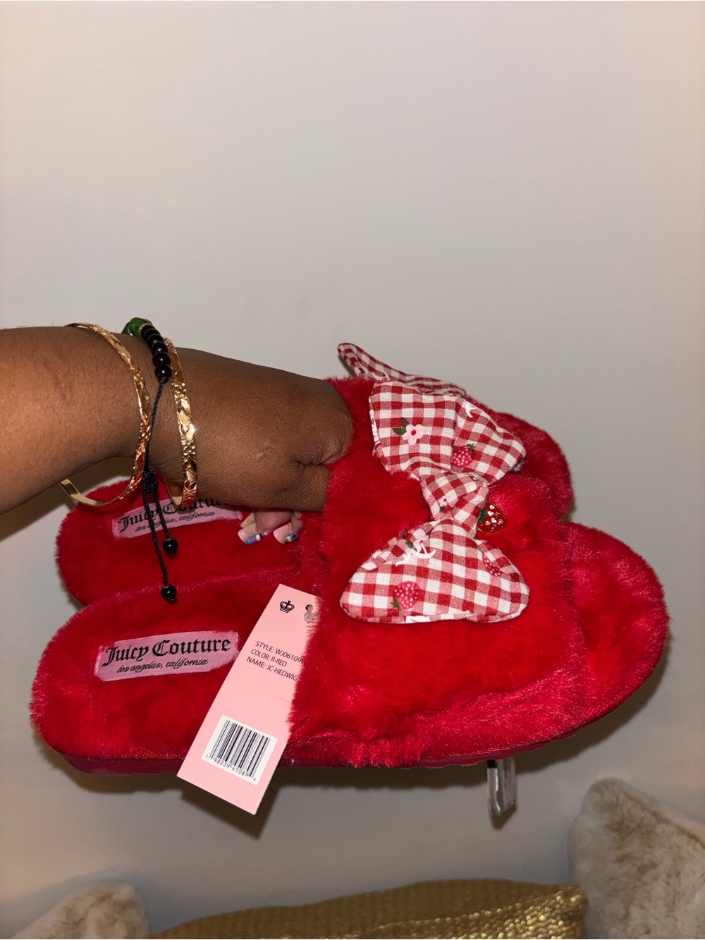 Juicy Couture Red Plush Slide Slippers with Gingham Bow